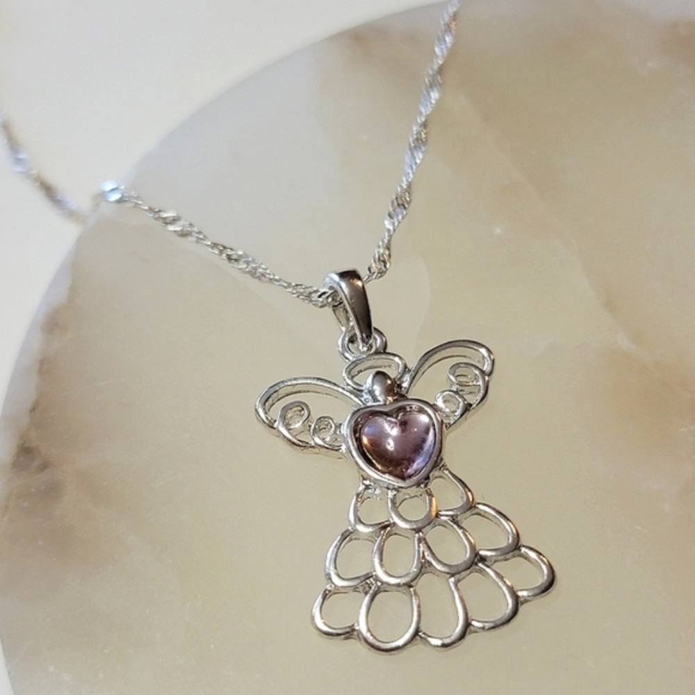 Mary Birthstone Angel Necklace October Pink Tourmaline Color Avon 2015 Filigree